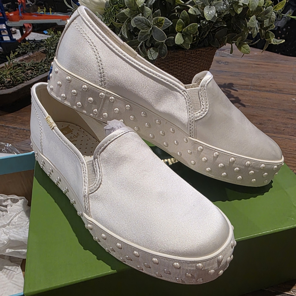 Kate Spade Cream Slip-On Sneakers with Pearl Accents